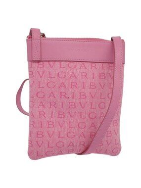 Authentic BVLGARI Logo Mania Shoulder Bag Canvas Pink Silver